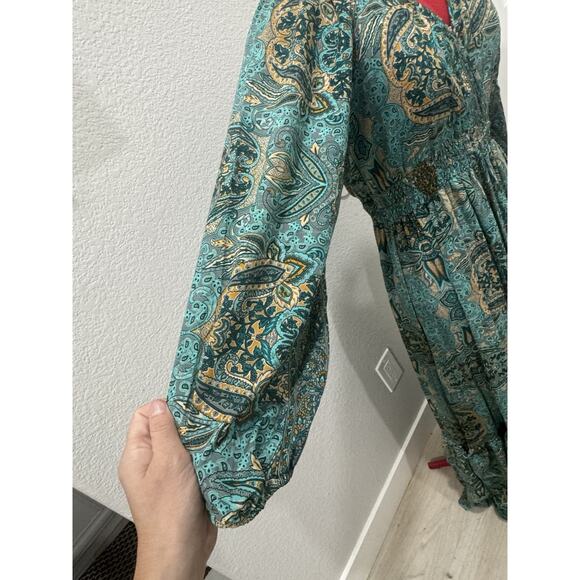 Paisley Print Maxi Dress Long Sleeve Teal Green Bohemian Style - Picture 3 of 7